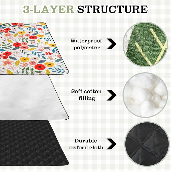 Tegeme Beach Picnic Blanket Floral Waterproof Outdoor Blanket 80''x80'' Extra Large Portable Sandproof Machine Washable 3 Layer Thick Gingham Picnic Mat for Beach Camping Park Grass(Beige)