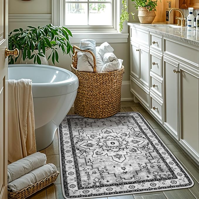 LBRO2M Machine Washable Rug Soft Pet Friendly Carpet 2X3 Gray | Persian Rug 2X3 for Entryway, Kitchen, Bathroom Non Slip Carpet, Foldable Stain Resistant Rugs
