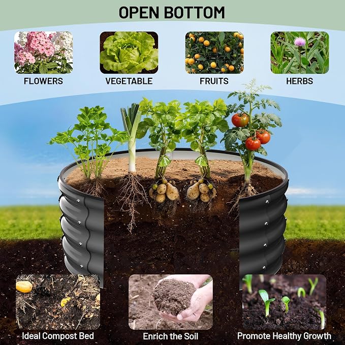 Garvee Galvanized Raised Garden Bed, 2Pcs Raised Garden Beds Outdoor, Round Planter Raised Beds with Gloves and Rubber Edge Trim for Vegetables, Flowers and Herbs, 3x3x1 FT, Dark Grey