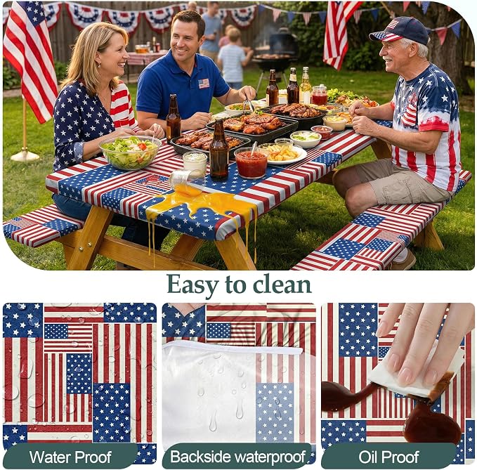 Picnic Table Cover with Bench Covers Camping Essentials Waterproof Windproof Camping Tablecloth with Drawstring Bag, Fitted Rectangle Tables and Seats, 60in, Red Blue White