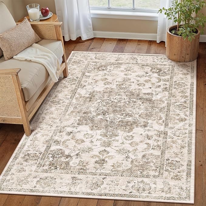 3x5 Brown Neutral Area Rug | Washable, Non Slip, Soft Low Pile, Vintage Farmhouse, for Entryway Kitchen Bathroom Living Room Bedroom Indoor Home Decor