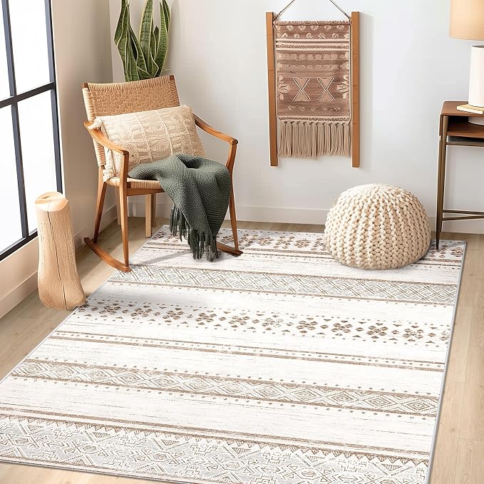 4x6 Washable Area Rugs for Living Room Boho Bedroom Rug Cream/Brown/Pink | Vacuum Friendly, Machine Washable, Non-Slip Rug, Stain Resistant, Moroccan Geometric, Low Pile Carpet, Dining Room Kitchen