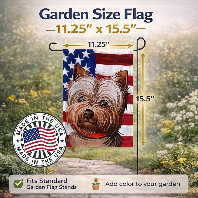 Caroline's Treasures CK6760GF Yorkshire Terrier American Flag Garden Flag Mailbox Flag Decorative Yard Flag Banner Outside Patio Artwork Yard Flower Beds, Garden Size, Multicolor