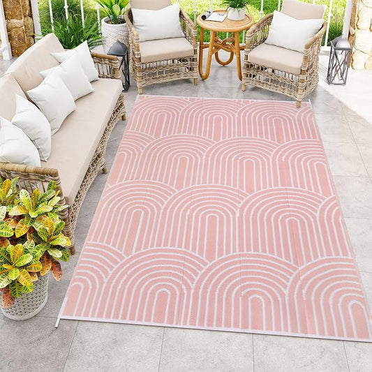 Anidaroel Patio Rugs Outdoor 6’x9’ Clearance Waterproof, Reversible Rainbow Outdoor Plastic Straw Outside Rugs, RV Outdoor Rugs for Camping, Porch, Balcony, Backyard (Pink, 6‘X9')