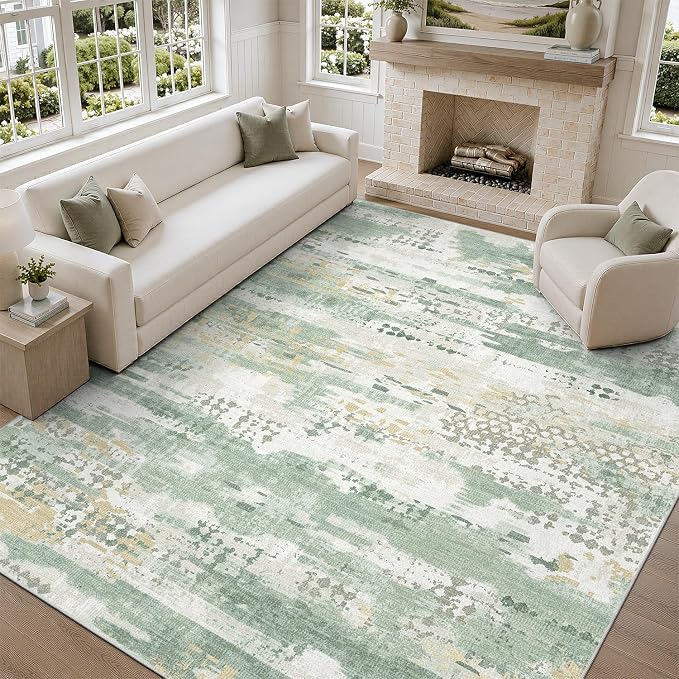 DCX Washable Abstract Area Rug 8x10, Non Slip Low Pile Rug, Sage Green | Easy to clean, non-shedding, soft, kid & pet friendly, with a non-slip rubber backing for living rooms, bedrooms, and offices