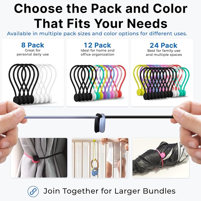 COOLMI Magnetic Cable Ties 8 Pack, 6.88 Inch Reusable Silicone Cord Organizer Wraps, Strong Magnet Cable Management Straps for Charging Cords, USB Cables, Earbuds, Desk, Travel, Black