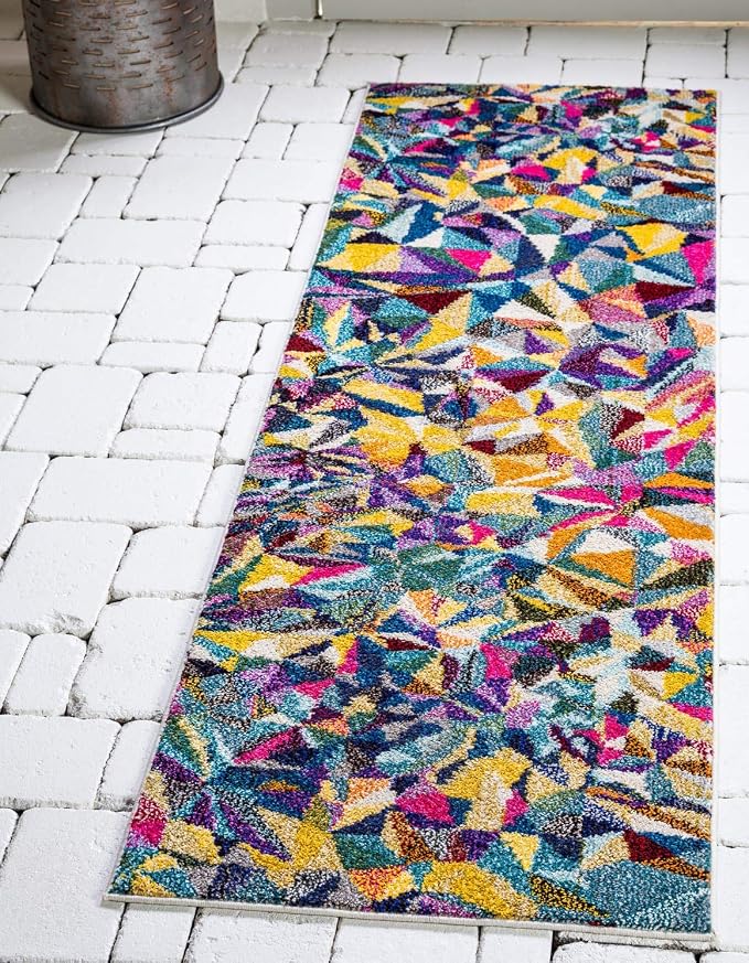 Unique Loom Estrella Collection Geometric, Triangles, Bright Colors, Abstract, Modern Area Rug (2' 7 x 10' 0 Runner, Multi/Beige)