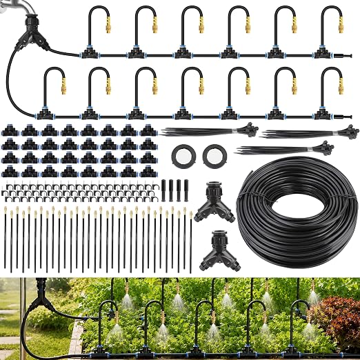 Drip Irrigation System 200ft, 360° Adjustable Garden Sprinkler Kit with 32 Brass Heads, Automatic 1/4" Irrigation Tubing for Raised Bed Lawn Vegetables Outdoor Plants