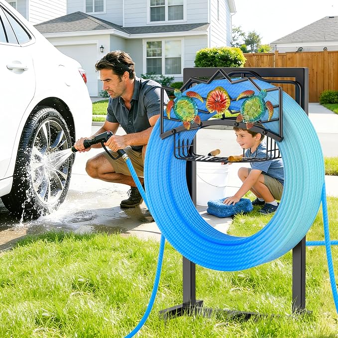 Garden Water Hose Holder with 5 Spikes, Upgraded Freestanding Heavy Duty Hose Hanger Holds 150-feet Hose, Sturdy Hose Stand Storage Rack for Outside Yard Lawn (Black - Turtle)