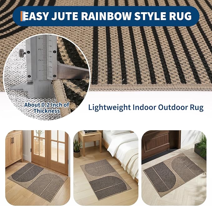 GarveeHome Modern Rainbow Easy Jute 3x5 Patio Rug, Indoor/Outdoor Patio & Entryway Mat, Washable Non-Slip Carpet for Mudroom, Farmhouse Decor, Front Door