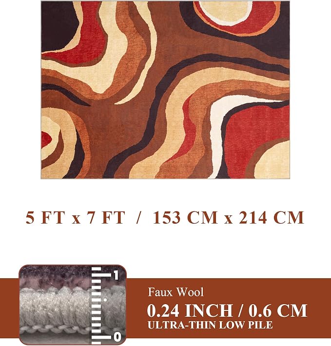 Burnt Orange Rug 5x7 Washable,Farmhouse Brown Retro Carpets,Geometric Abstract Wavy Rug for Bedroom,Unique Colorful Rugs for Living Room,Dining Room,Alfombras para Salas