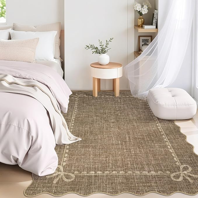 GarveeHome Scalloped Bow Rug 3x5 Washable Brown Rug for Bedroom Living Room | Non Slip Soft Low Pile Indoor Carpet for Nursery Girls Bedroom Decor Hallway Kids Room College Dorm Playroom
