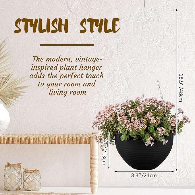 Zopeal 16 Pack Self Watering Hanging Planters 8 Inch Garden Flower Plant Pot Container with Drainer and Chain Round Hanging Pot Plant Basket for Indoor Outdoor Plants (Black)