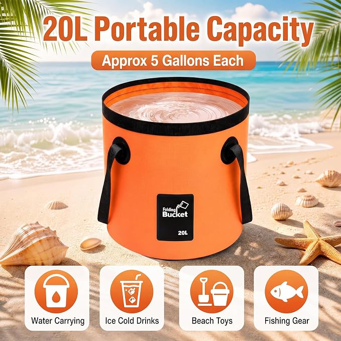 5 Gallon 4 Pack Collapsible Bucket, Foldable Water Bucket with Handles, Portable Camping Buckets for Fishing, Hiking, Cleaning, Outdoor & Travel Use (Orange)