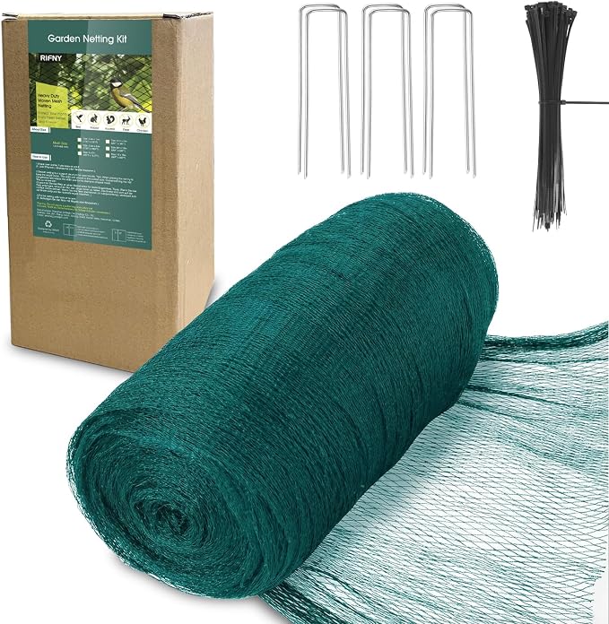 Bird Netting for Garden Protection, 7.5 x 33 FT Heavy Duty Garden Netting with Ties and Landscape Staples for Vegetable, Fruit Trees & Other Plants Against Birds Deer Squirrels and Poultry