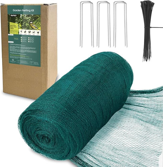 Bird Netting for Garden Protection, 7.5 x 33 FT Heavy Duty Garden Netting with Ties and Landscape Staples for Vegetable, Fruit Trees & Other Plants Against Birds Deer Squirrels and Poultry