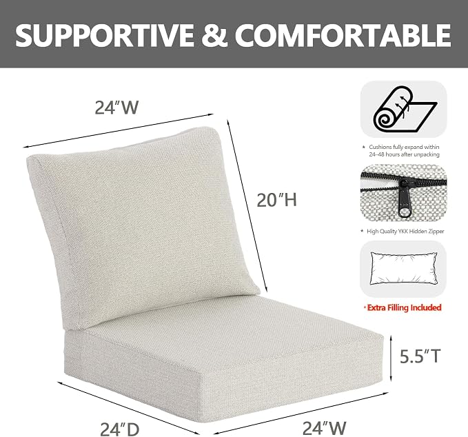 Goodgoods 24 x 24 Outdoor Patio Deep Seat Cushions 2-Pack, 1000+ Hours Fade-Resistant & Water-Resistant Outdoor Furniture Chair Cushions with 30D High-Resilience Foam for Sofa Chair, Light Gray