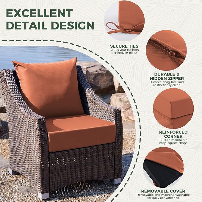 Outdoor Cushions for Patio Furniture, Outdoor Seat Cushion Set 24 x 24 x 5.75 in, Waterproof & Fade Resistant Outdoor Chair Cushions, Patio Chair Cushion with Removable Cover, Set of 2, Spice