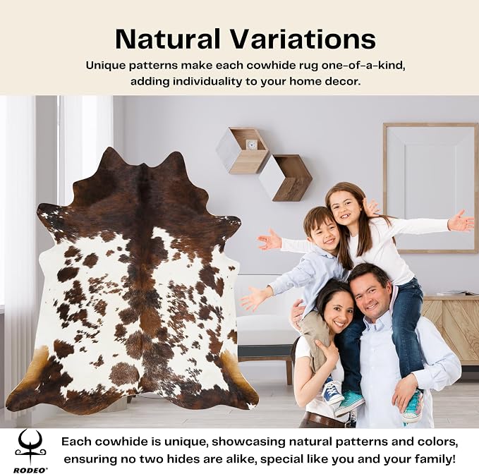 rodeo Tricolor Cowhide Rug – Genuine Western Cowhide for Living Room, Bedroom, Office or Luxury Hotel Décor – Hypoallergenic, Pet & Child Friendly – Extra Large 7x8 ft Rug
