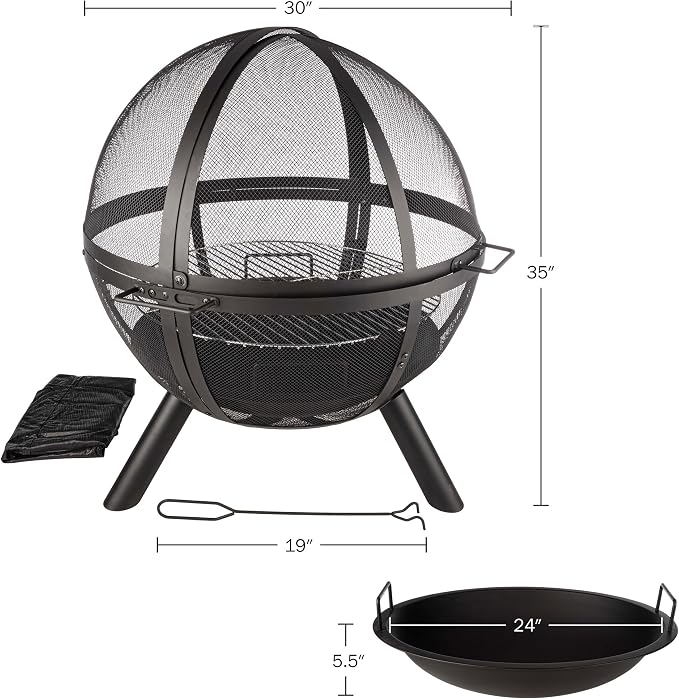 Outdoor Fire Pit Sphere - 30” Flaming Ball Fire Pit with Grill for Barbequing - Firepit Grill Wood Fire Pits for Outside Patio Decor by Pure Garden