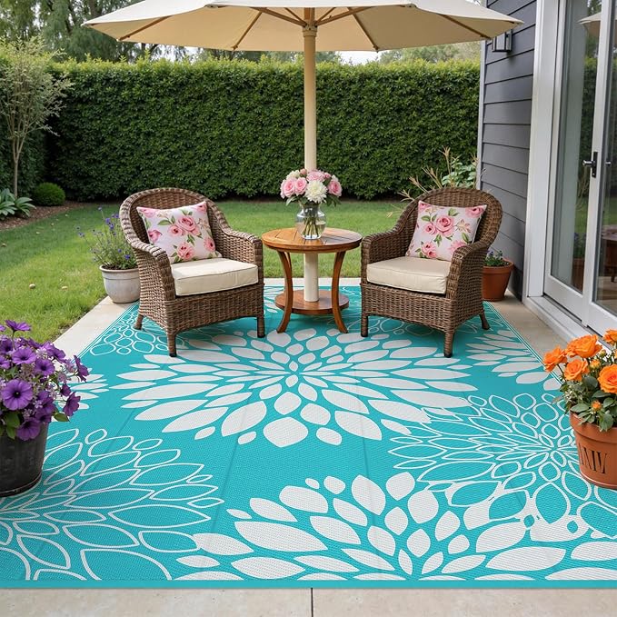 Ileading Waterproof Outdoor Rug 6x9, Reversible Plastic Straw Patio Rug, Portable Indoor Outdoor RV Camping Mat Carpet for Deck, Porch, Balcony, Backyard, Picnic, Floral Teal