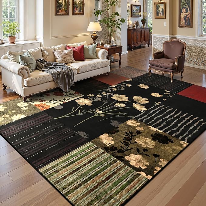 DweIke Floral Rugs for Living Room, 6x9 Washable Area Rug for Dining Room Farmhouse Office Bedroom Decor, Geometric Patchwork Stain Resistant Low Pile Indoor Floor Throw Rugs, Black Colorful