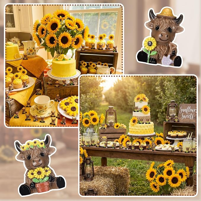 Yaomiao 60 Pcs Mini Highland Cow Figurines Resin Sunflower Highland Cow Figurines Cute Miniature Resin Gift Statue Decorations for Office Garden Desk Tabletop Festive Party Home Kitchen Tiered Tray
