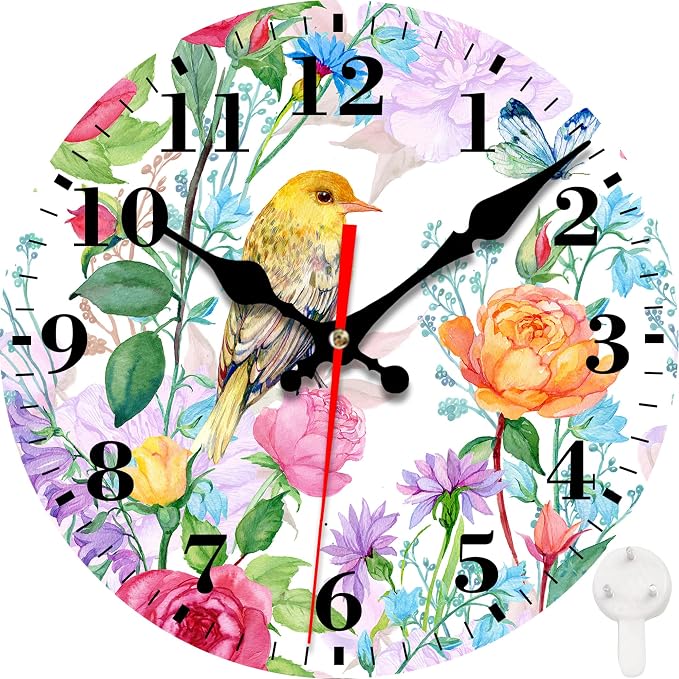 Wall Clocks Battery Operated, Colorful Flowers and Bird Silent Non Ticking Decorative Indoor Outdoor Wall Clocks for Living Room Kitchen Bedroom Bathroom 12"