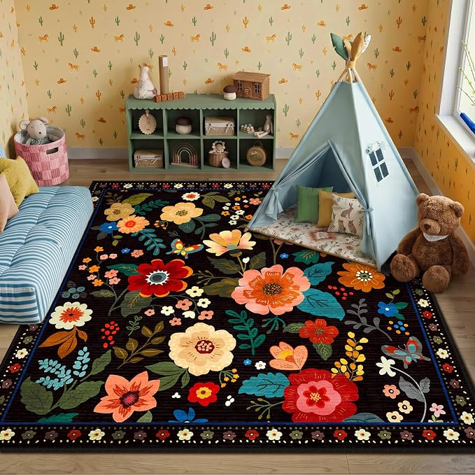 RELEANY Floral Washable Square 6ft Area Rug Black | Flower Carpet, Print, Boho, Non-Slip, Easy to Clean, Soft, Low Pile for Living Room Bedroom Kitchen Office Entryway Hallway