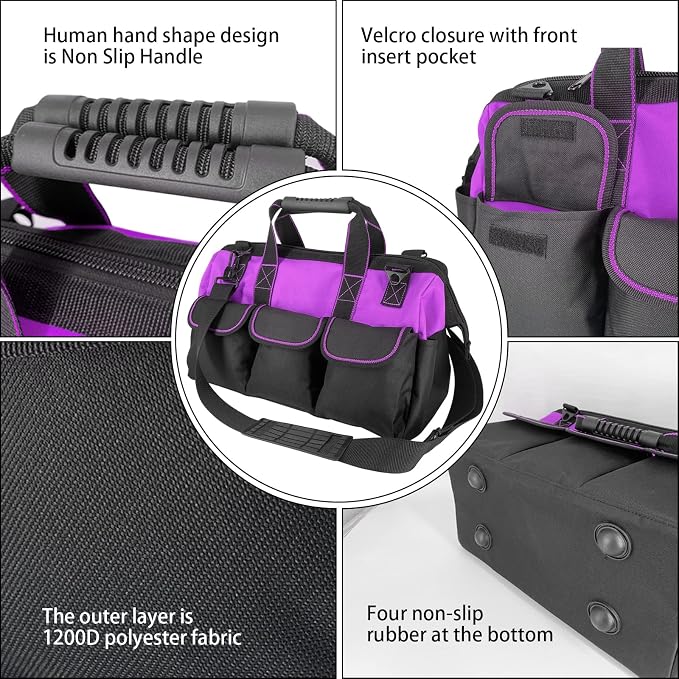 16-inch for women purple Tool Bag Non-slip feet adjustable shoulder strap 14 functional insert pockets,large capacity Men's heavy-duty toolbox,for electricians, carpentry,gardening (Purple)