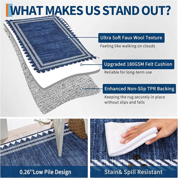 GarveeHome Washable Rug 5x7 Unique Bordered Geometric Rug for Living Room,Modern Neutral Carpet with Non Slip TPR Backing, Soft Non Shedding Floor Covering, Low Pile Foldable Mat for Nursery,Blue