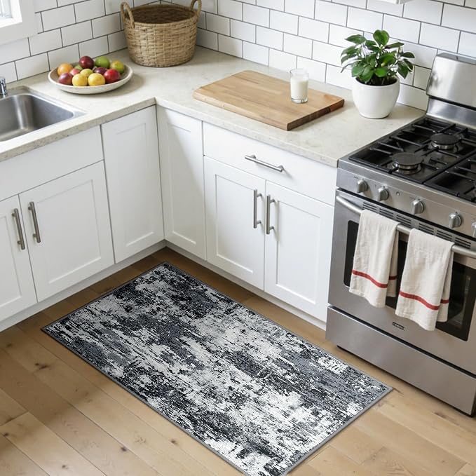 RELEANY Washable 2'x4' Abstract Area Rug for Living Room Black White | Carpet for Bedroom, Kitchen, Office, Hallway and Entryway, Printed Pattern, Non‑Slip, Soft, Stain‑Resistant, Easy to Clean