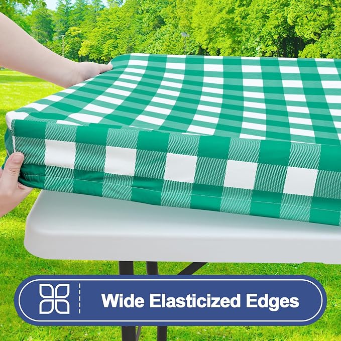 Smiry Picnic Table Cover with Bench Covers, Waterproof Elastic Fitted Tablecloths for 5 Foot Rectangle Tables, Washable Buffalo Plaid Tablecloth for Camping, Outdoor (Green & White, 30"x60")