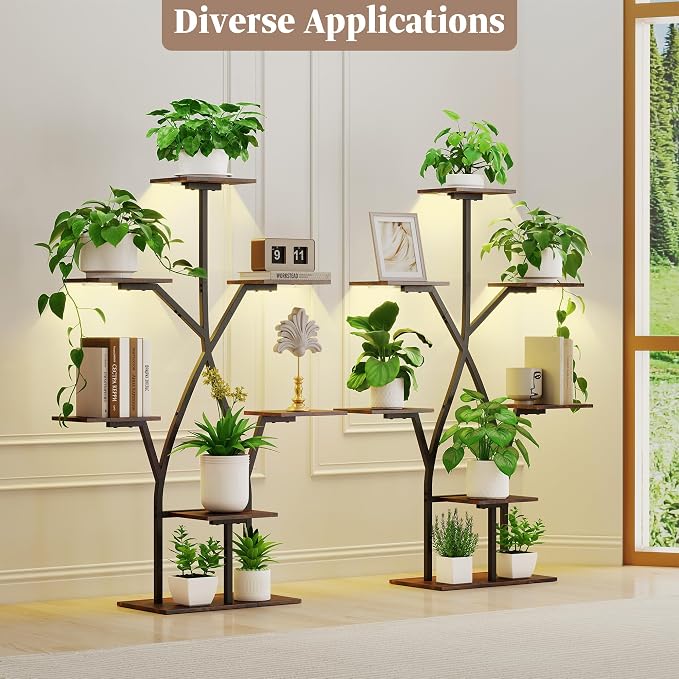 Quikraen Plant Stand Indoor with Grow Lights,50" Plant Shelf Corner Lighted Plant Stands for Indoor Growing,7 Tiered Large S-Shape Metal Display Shelves Plant Rack for Home Decor Patio Balcony