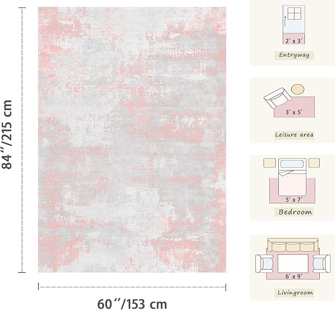 Latte&Fog 3x5 Entryway Pink Area Rugs, Modern Abstract Washable Rugs | for Girls Bedroom Dining Kitchen Kids Playroom Nursery Classroom Dorm Farmhouse Office, Non Slip Low Pile Soft Floral Carpet