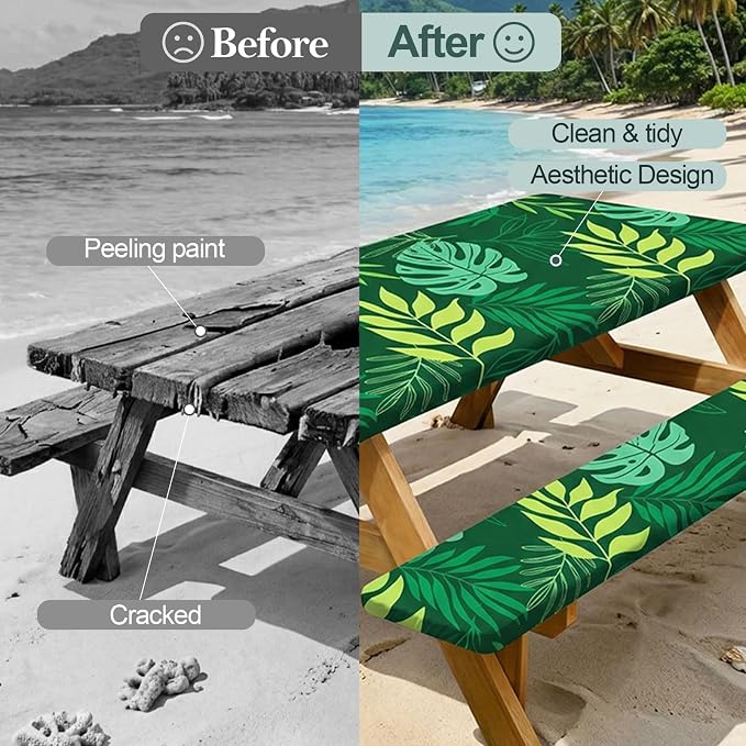 Picnic Table Cover with Bench Covers Camping Essentials Waterproof Windproof Camping Tablecloth with Drawstring Bag, Fitted Rectangle Tables and Seats, 72in, Dark Green