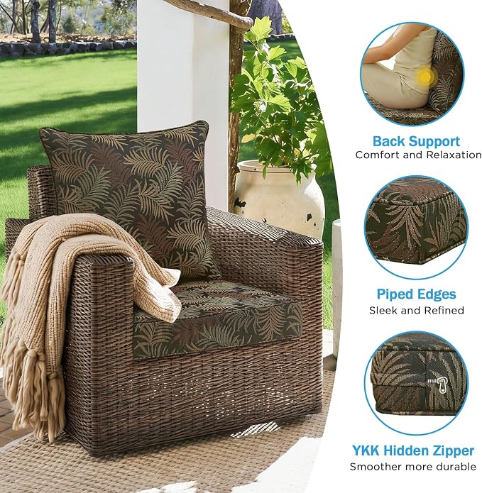Outdoor Deep Seat & Back Cushion Set (2-Pack), 24 x 24 Inch Water Repellent and Fade Resistant Patio Furniture with Removable Cover for Outside Sofa Couch, Bamboo Leaf Jacquard