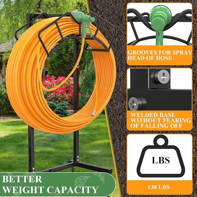 Qatsrin Super Stable Garden Hose Holder, Detachable Water Hose Holders Stand Holds 160-Feet Freestanding Hose Storage Hanger Rack for Outside Yard Lawn Farm (Black)