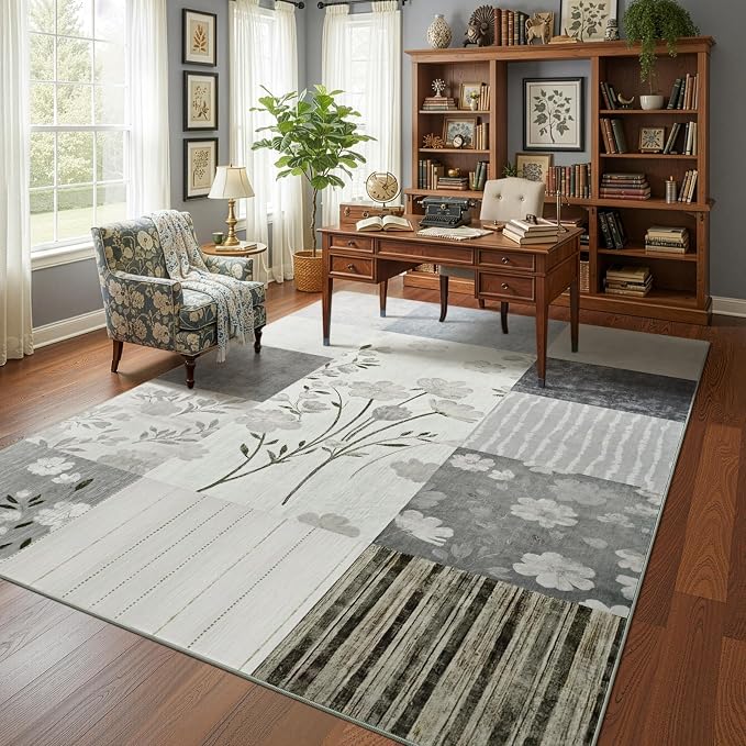 DweIke Floral Rugs for Living Room, 6x9 Washable Area Rug for Dining Room Farmhouse Office Bedroom Decor, Geometric Patchwork Stain Resistant Low Pile Indoor Floor Throw Rugs, Light Grey