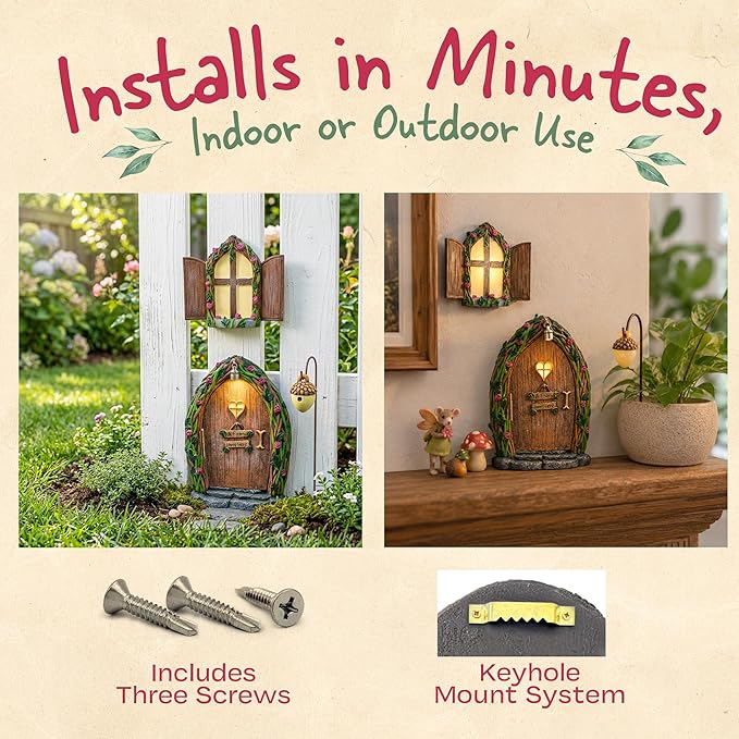 Opening Fairy Door and Window with Light, Fairy Doors for Trees Outdoor, Fairy Door, Fairy House Kit, Fairy Garden Decor, Fairy Doors, Fairy Garden Decor, Fairy Garden Decorations, Garden Fairy
