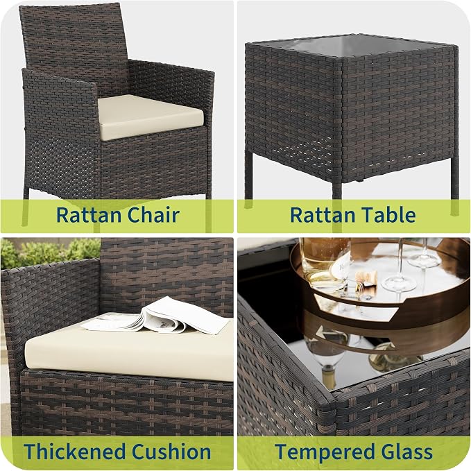 3-Piece Outdoor Furniture Set, PE Rattan Wicker Chairs with Soft Cushions & Tempered Glass Coffee Table - All-Weather Patio Set for Garden, Backyard, Porch, Poolside (Gradient Brown/Beige)