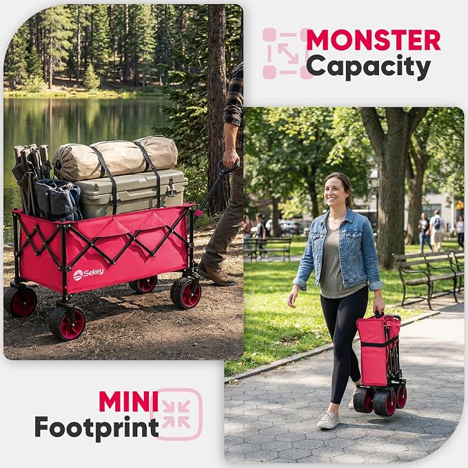 Sekey 250L Wagons Carts Foldable with Big All-Terrian Beach Wheels, Collapsible Heavy Duty Wagon, Extra Large Folding Wagon,Foldable Wagon for Camping, Garden, Sports. Pink