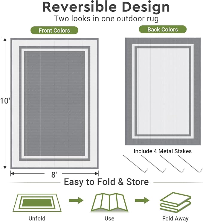 Mattitude Outdoor Rug Reversible Portable Plastic Straw Camping Rugs for Outside RV,Large Waterproof Outdoor Area Rugs for Patio,Deck,Porch,Balcony(8'x 10',White&Gray)