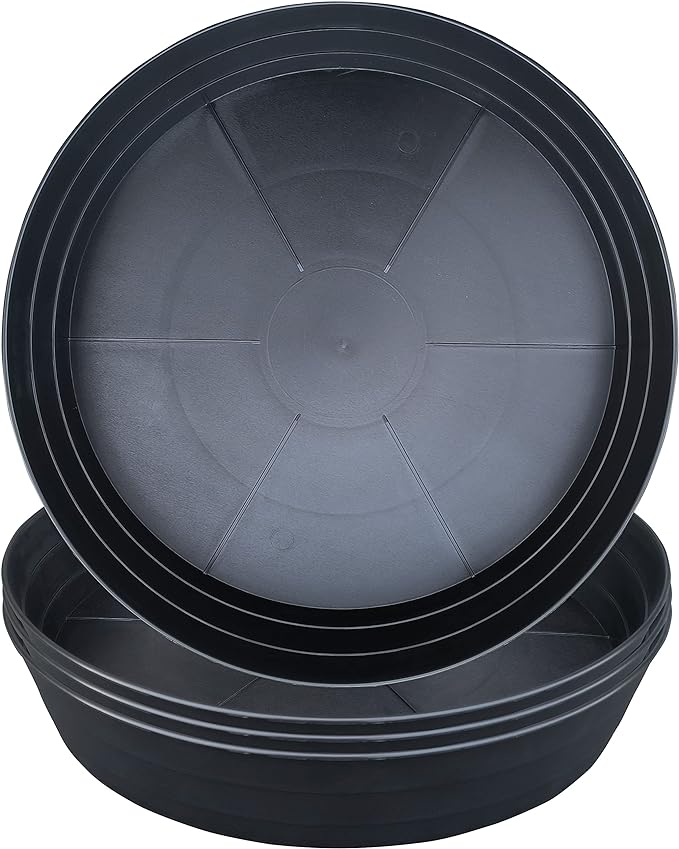 Plant Saucer 4 Pack 10 inch Heavy Drainage Tray for Indoors No Holes, 12 14 16 18 20 25 Inch Plastic Plant saucers Water Catcher for Pots Base Extra-Deep Plant Trays for Flower Pot (10 Inch, Black)