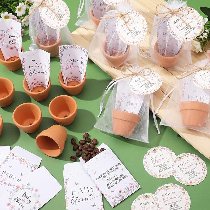 Reallnaive Baby Shower Party Favors Baby in Bloom Envelopes Seed Packets Include 96 Mini Terracotta Pots Seed Packets 96 Self Adhesive Envelopes Thank You Tags for Party(96 Pcs, Wildflower)