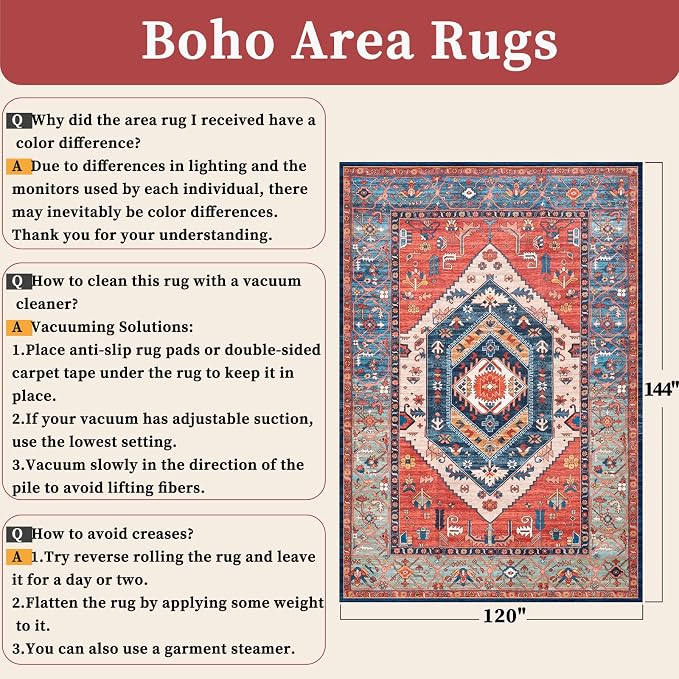 SERISSA 10x12 Washable Non Slip Boho Area Rug for Living Room，Rust | Ultra Soft Vintage Oriental Carpet Low-Pile Distressed Tribal Floor Carpet for Dining Room Bedroom Office Home Decor