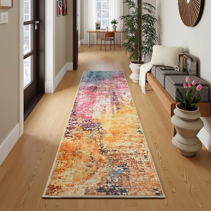 Colorful Washable Runner Rug for Bedroom, Abstract Non-Slip Soft Entryway Rugs, Modern Low Pile Stain Resistant 2x6 Carpet for Entryway, Kitchen, Hallway, Bedside