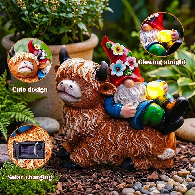 Pohabery Garden Gnomes Decor Outdoor Statues, Gnome on Highland Cow with Solar Cup Light, Patio Yard Decor, Gift for Mom Women Garden Lovers（M