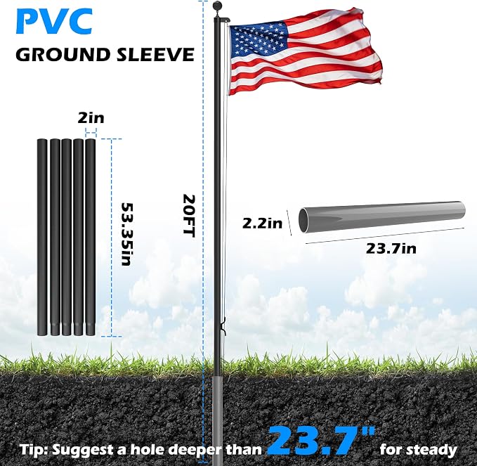 20FT Flag Pole for Outside House, Aluminum Flag Pole Kit with 3x5 Embroidered American Flag, Black Ball Topper, Tangle Free Flagpoles for Yard Garden, Residential & Commercial Use