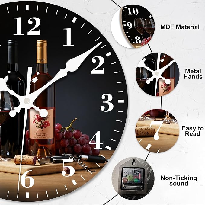 Wall Clock, Red Wine and Grapes Silent Non Ticking Battery Operated Round Decorative Indoor Outdoor Clocks for Living Room Kitchen Bedroom Bathroom Patio 12"